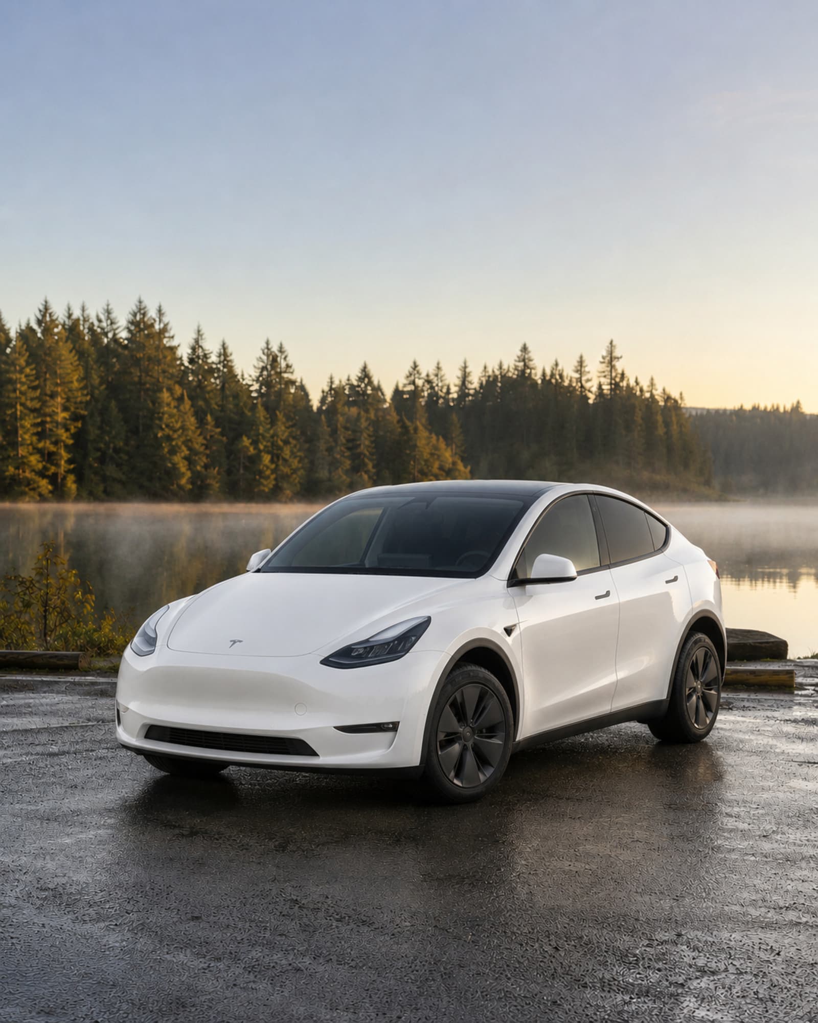 Freedom Rides' flagship Tesla Model Y parked at a lake pull-off at first light, mist on the water and evergreens behind it.